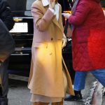 Emma Stone in a Caramel Coloured Coat Arrives at the Good Morning America in New York 01/30/2024