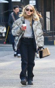 Juno Temple in a Camo Puffer Jacket