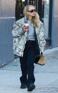 Juno Temple in a Camo Puffer Jacket