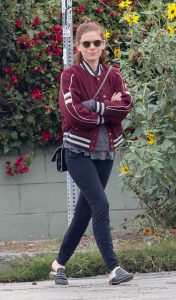 Kate Mara in a Maroon Jacket