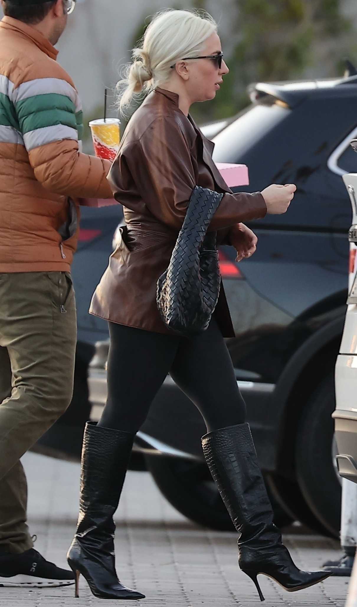 Lady Gaga in a Brown Leather Jacket
