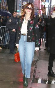 Molly Ringwald in a Blue Denim Skirt