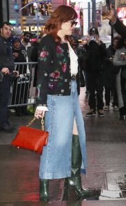 Molly Ringwald in a Blue Denim Skirt