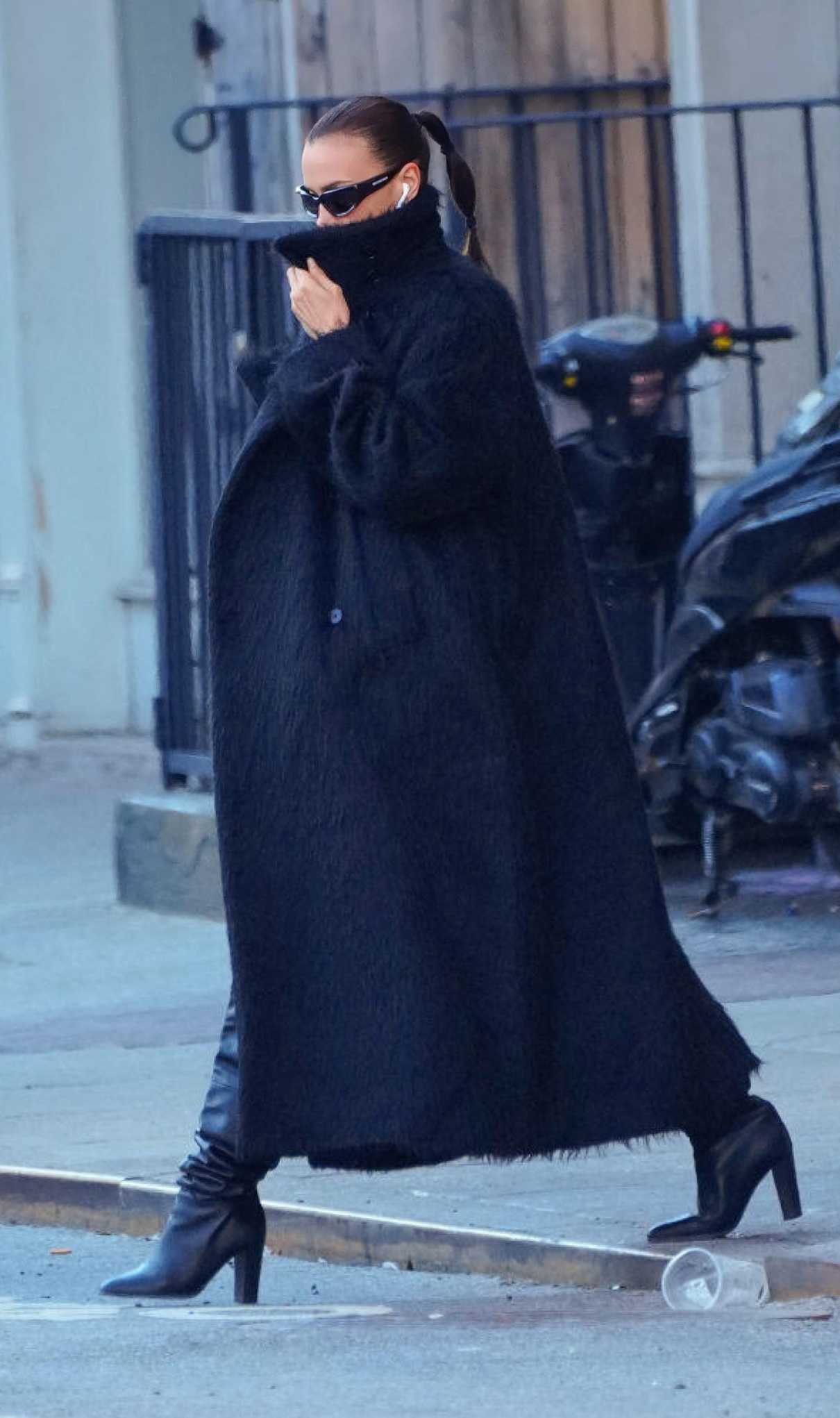 Irina Shayk in a Black Fur Coat