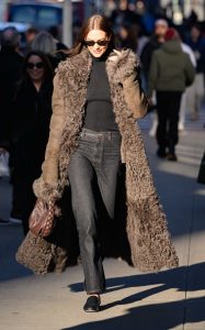 Karlie Kloss in a Brown Sheepskin Coat