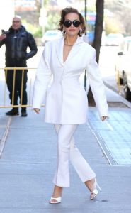 Rita Ora in a White Pantsuit