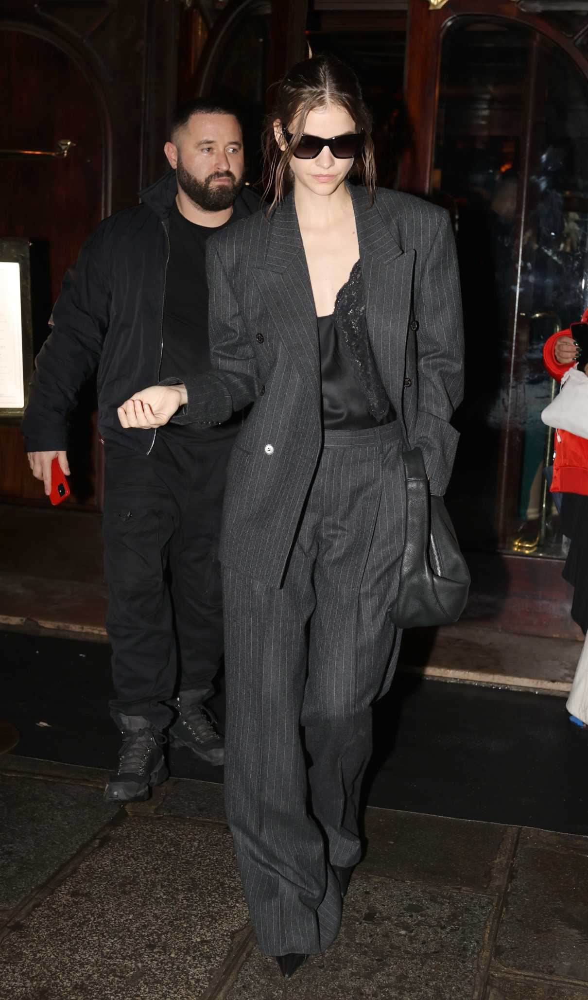 Barbara Palvin in a Black Pantsuit Arrives at the Robert Mapplethorpe