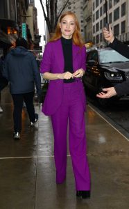 Jessica Chastain in a Purple Pantsuit