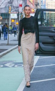 Karlie Kloss in a Beige Long Skirt