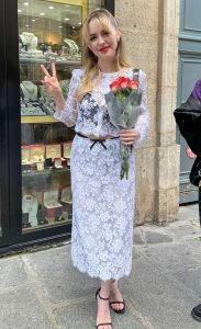 Mckenna Grace in a White Lace Dress