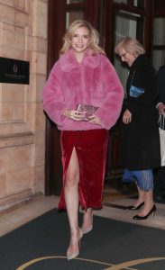 Rachel Riley in a Pink Fur Jacket