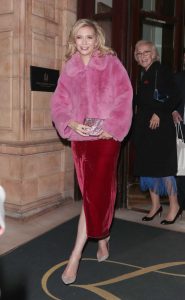 Rachel Riley in a Pink Fur Jacket