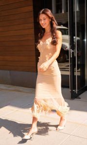 Bella Hadid in a Beige Dress