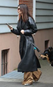 Emily Ratajkowski in a Black Leather Coat