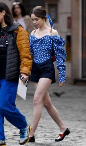 Lily Collins in a Blue Polka Dot Blouse