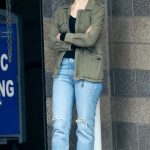 Lily James in an Olive Jacket on the Set of Swiped in Downtown in Los Angeles 05/23/2024