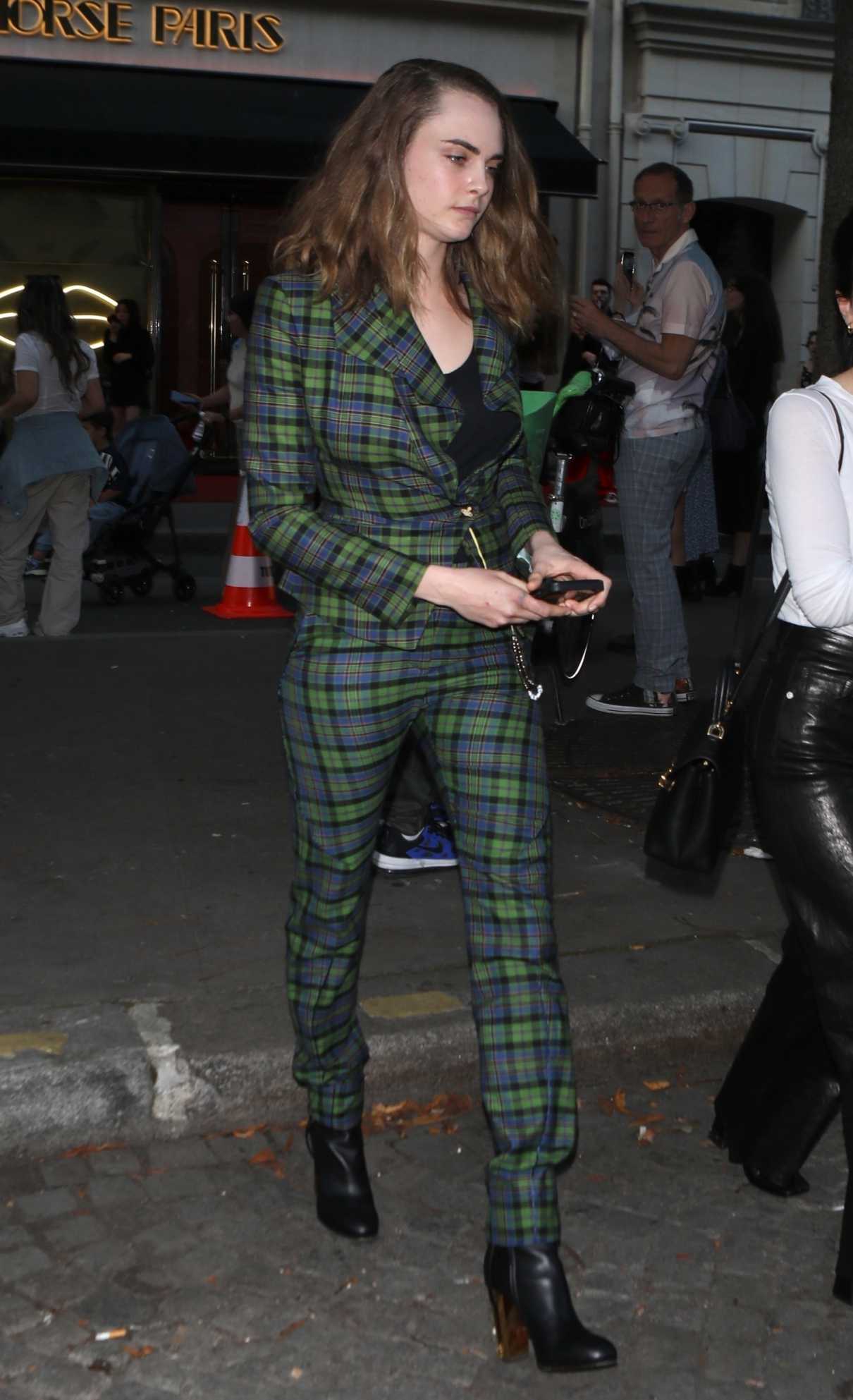 Cara Delevingne in a Plaid Green Pantsuit