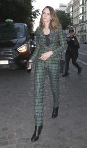 Cara Delevingne in a Plaid Green Pantsuit