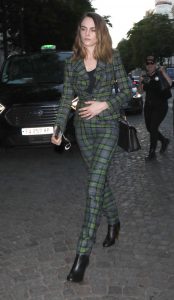 Cara Delevingne in a Plaid Green Pantsuit