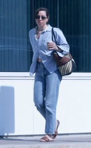 Aubrey Plaza in a Blue Denim Shirt