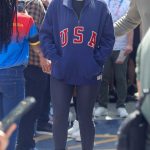 Lady Gaga in a Blue Track Jacket Arrives at the Bercy Arena in Paris 07/28/2024