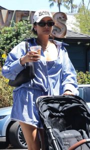 Shay Mitchell in a Blue Striped Ensemble