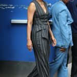 Halle Berry in a Striped Grey Ensemble Leaves the Good Morning America Show Studios in New York 08/15/2024