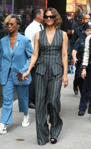 Halle Berry in a Striped Grey Ensemble