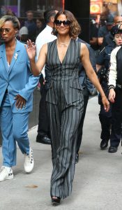 Halle Berry in a Striped Grey Ensemble