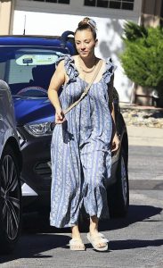 Kaley Cuoco in a Blue Patterned Dress