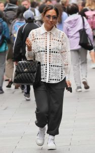 Myleene Klass in a White Lace Blouse