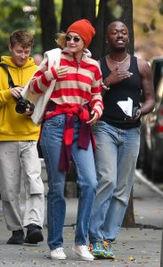 Gigi Hadid in a Red Beanie Hat