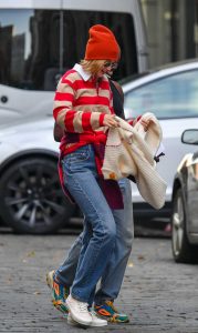 Gigi Hadid in a Red Beanie Hat