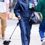 Irina Shayk in a Denim Pantsuit Walks Her Dog in New York 10/09/2024