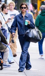 Irina Shayk in a Denim Pantsuit