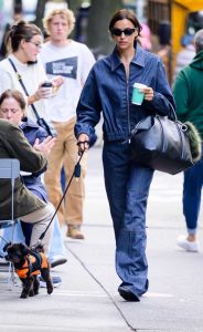 Irina Shayk in a Denim Pantsuit