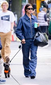 Irina Shayk in a Denim Pantsuit