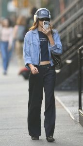 Kaia Gerber in a Blue Denim Jacket