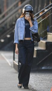 Kaia Gerber in a Blue Denim Jacket