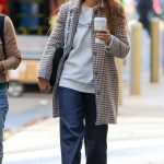 Katie Holmes in a Houndstooth Patterned Coat Grabbing Coffee with a Friend in New York 10/13/2024