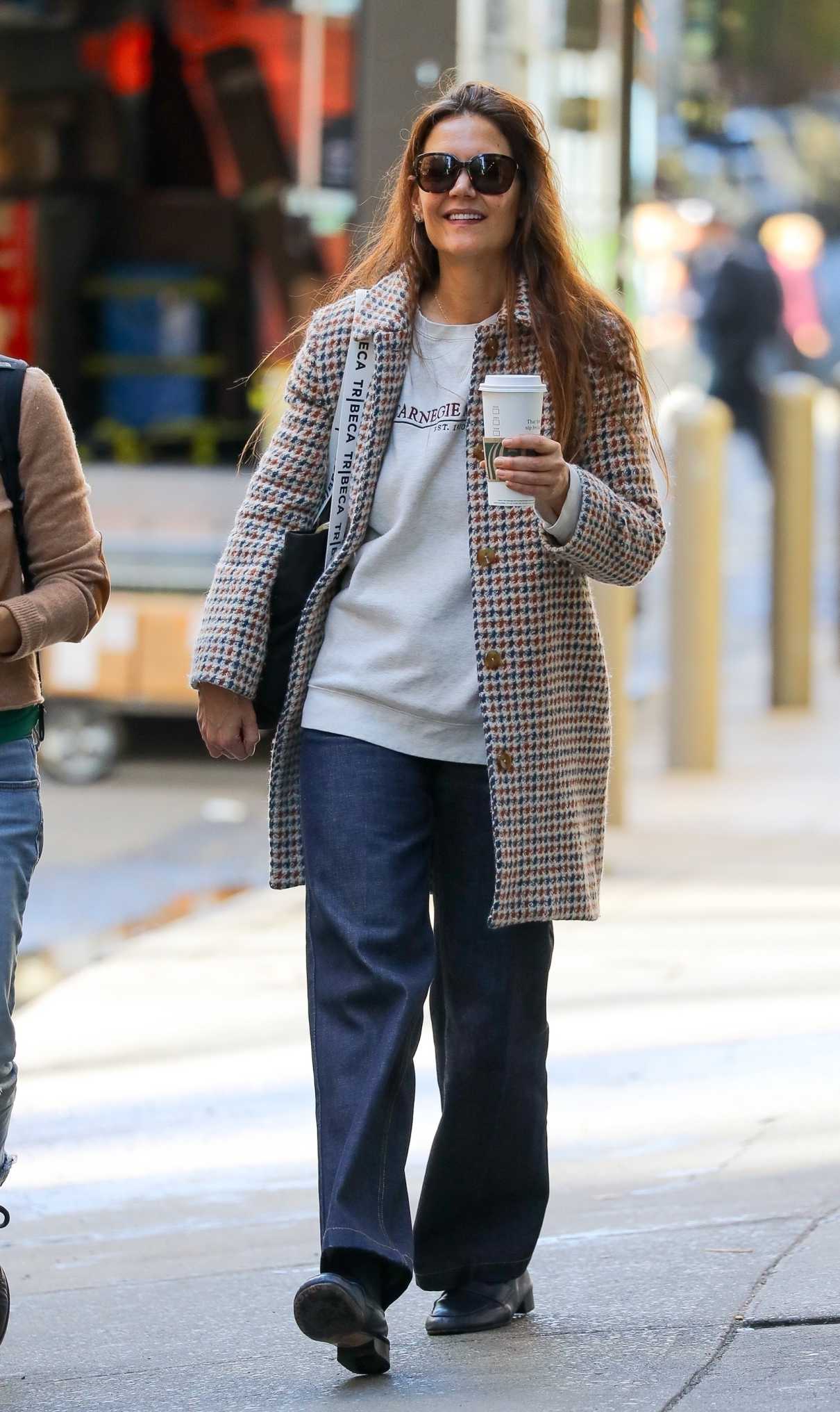 Katie Holmes in a Houndstooth Patterned Coat