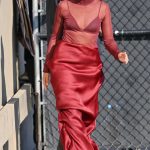 Naomi Scott in a Red See-Through Turtleneck Arrives at Jimmy Kimmel Live! in Hollywood 10/14/2024