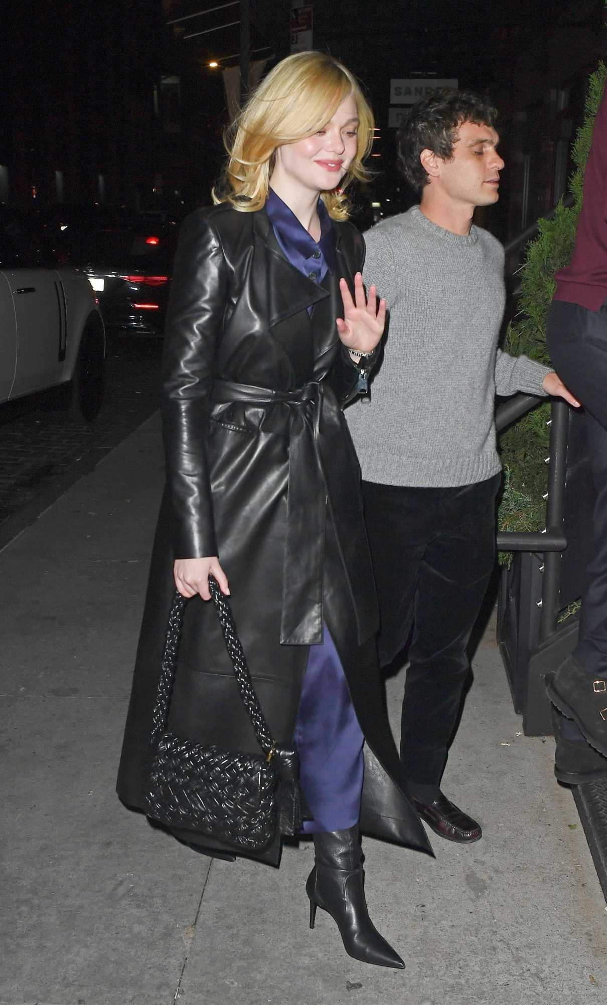 Elle Fanning in a Black Leather Coat