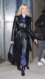 Elle Fanning in a Black Leather Coat