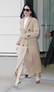 Lucy Liu in a Beige Coat