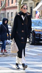 Katie Holmes in a Navy Faux Fur Coat