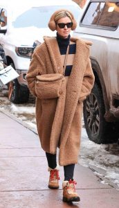 Nicky Hilton in a Caramel Coloured Faux Fur Coat