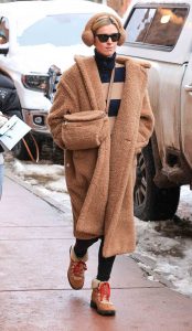 Nicky Hilton in a Caramel Coloured Faux Fur Coat