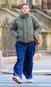 Suri Cruise in an Olive Puffer Jacket