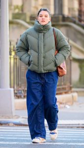 Suri Cruise in an Olive Puffer Jacket